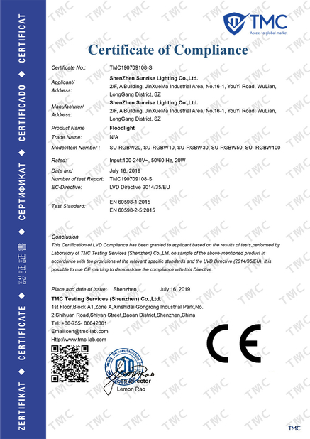 CHINA Shenzhen Sunrise Lighting Co.,Ltd. Certificações